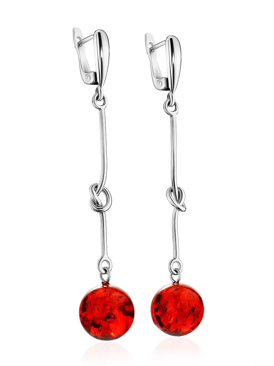картинка Стильные серьги «Париж» из янтаря красного цвета и серебра в онлайн магазине