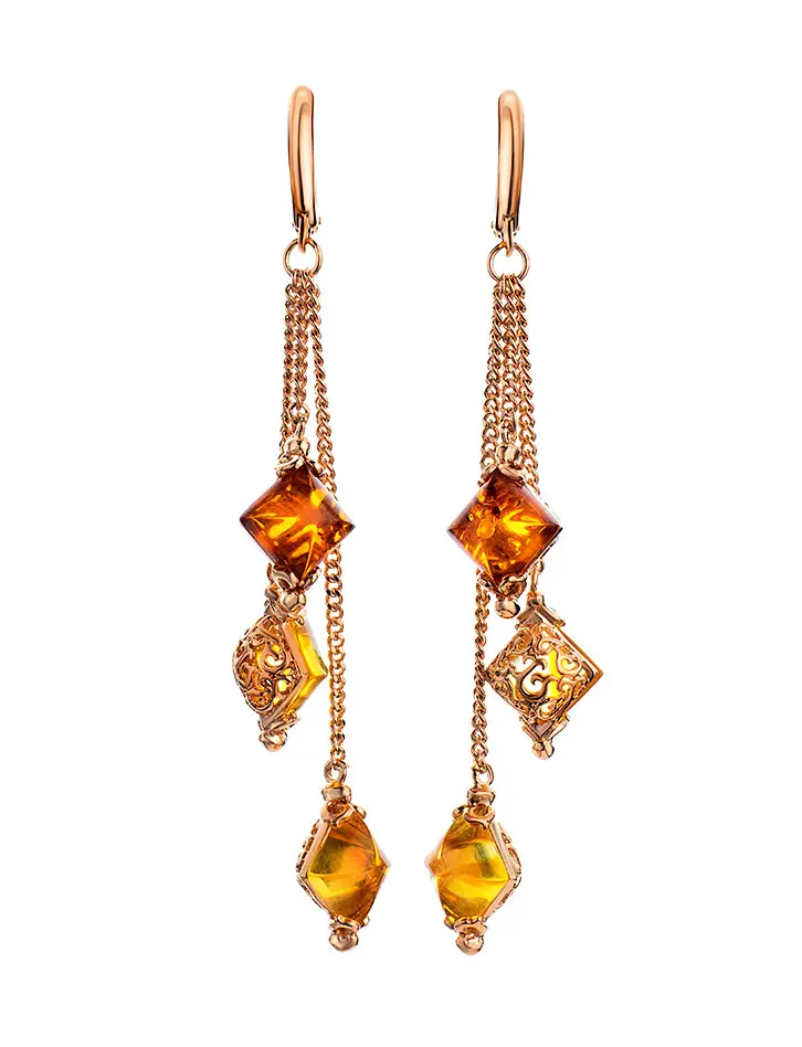 картинка Изысканные удлинённые серьги с янтарём двух цветов «Касабланка» в онлайн магазине