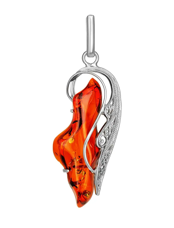 картинка Эффектная подвеска из натурального искрящегося янтаря коньячного цвета в серебре «Крылышко» в онлайн магазине