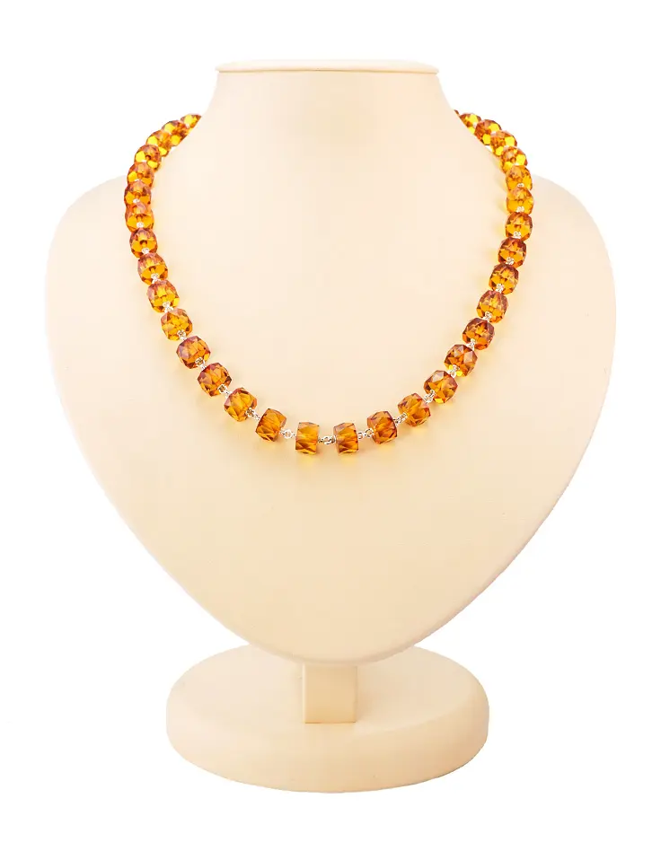 картинка Нарядное ожерелье из серебра и натурального золотисто-коньячного янтаря «Карамель алмазная» в онлайн магазине