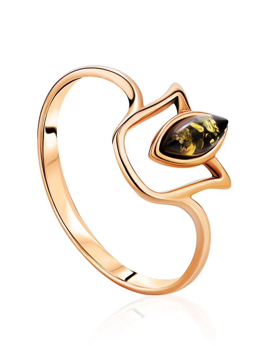 картинка Позолоченное кольцо «Тюльпан» с зелёным янтарём в онлайн магазине