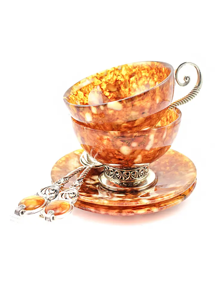 картинка Чайный набор из натурального янтаря и серебра 875 пробы и бронзы «Антик» на 2 персоны в онлайн магазине