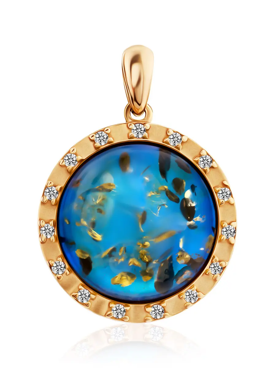 картинка Яркая круглая подвеска с янтарём синего цвета и кристаллами «Ренессанс» в онлайн магазине