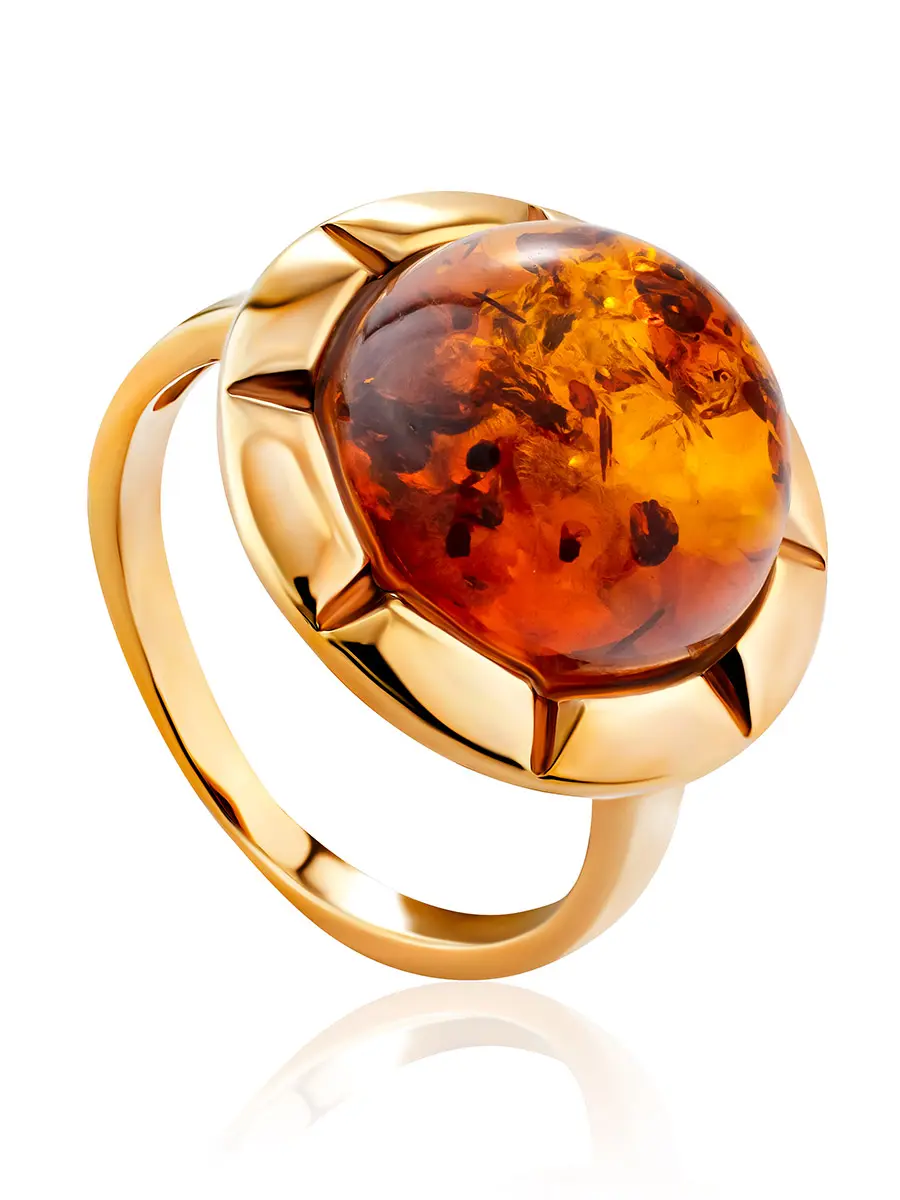 картинка Круглое кольцо с натуральным искрящимся янтарём «Камелия» в онлайн магазине