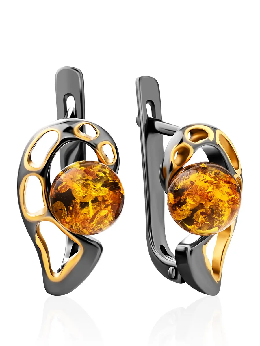 картинка Яркие ажурные серьги «Мадагаскар» с золотистым янтарём в онлайн магазине