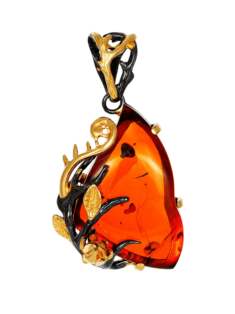 картинка Кулон «Колибри» из натурального цельного янтаря и серебра с позолотой в онлайн магазине