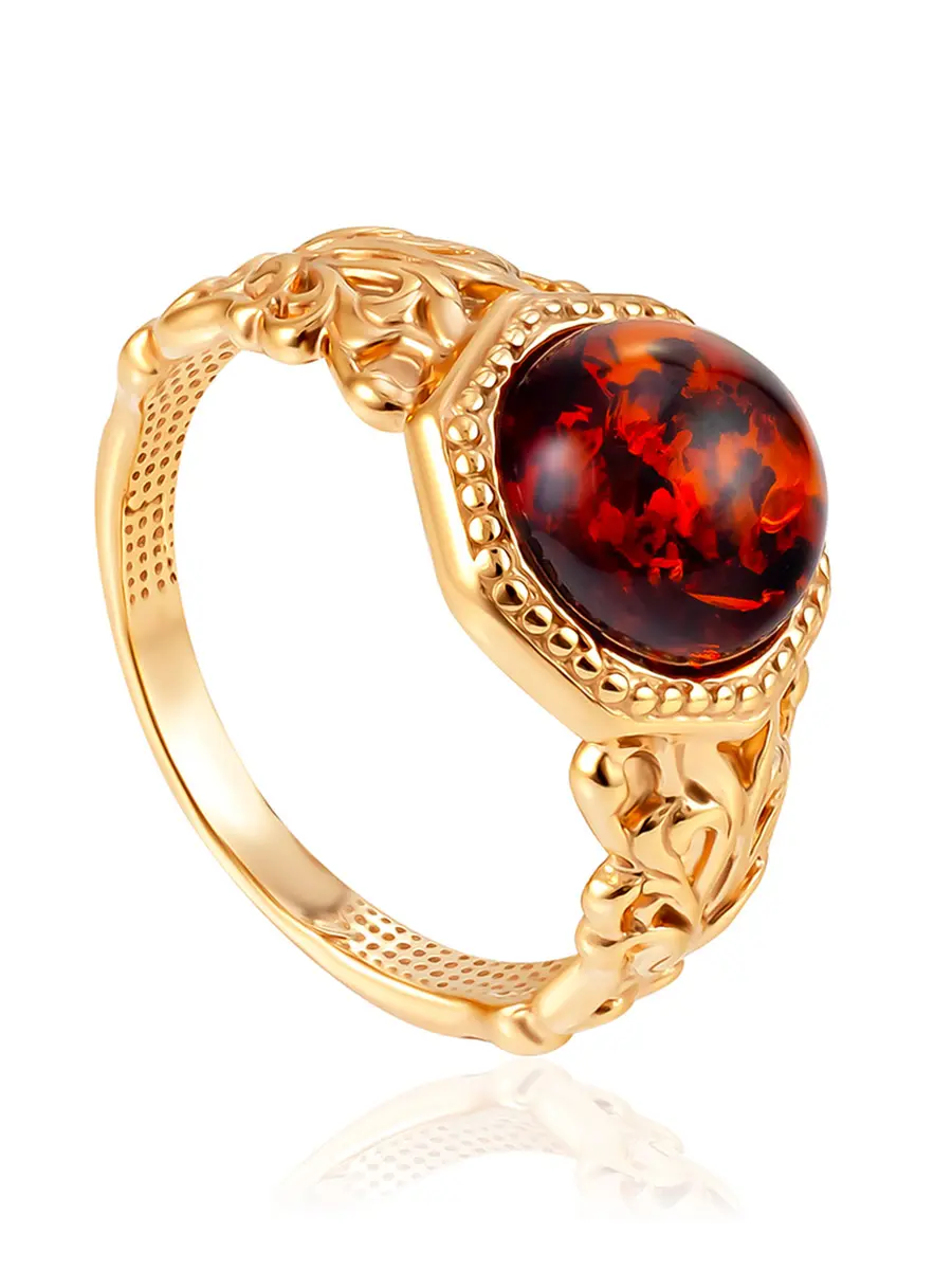 картинка Ажурное позолоченное кольцо с коньячным янтарём «Шахерезада» в онлайн магазине