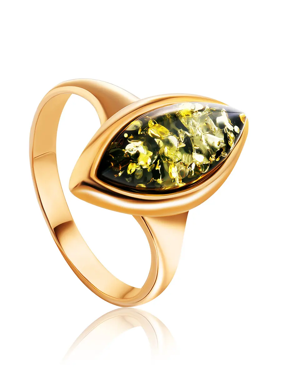 картинка Элегантное золотое кольцо со вставкой из натурального янтаря зелёного цвета «Амарант» в онлайн магазине