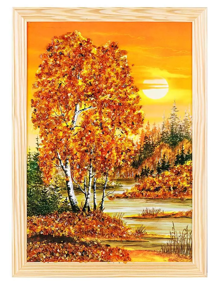 картинка Яркая картина с закатом, украшенная натуральным янтарём «В лучах заходящего солнца» в онлайн магазине