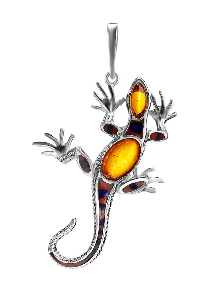 картинка Яркая подвеска из серебра, покрытая эмалью и украшенная янтарём «Ящерка» в онлайн магазине