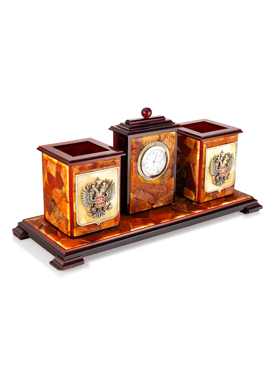 картинка Письменный прибор из натурального балтийского янтаря с гербом Российской Федерации «Адмирал» в онлайн магазине