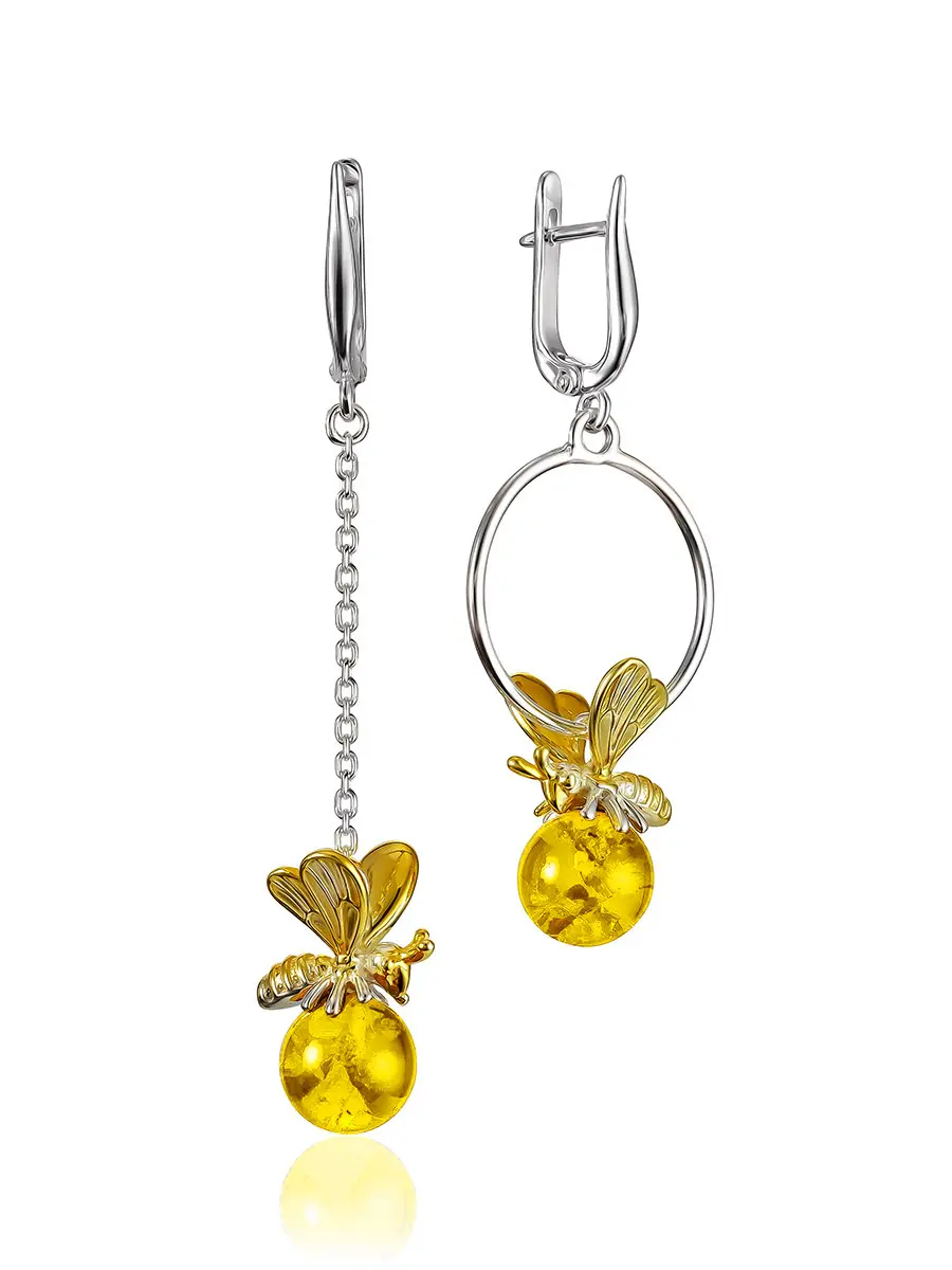 картинка Оригинальные серьги с натуральным янтарём лимонного цвета «Винни Пух» в онлайн магазине