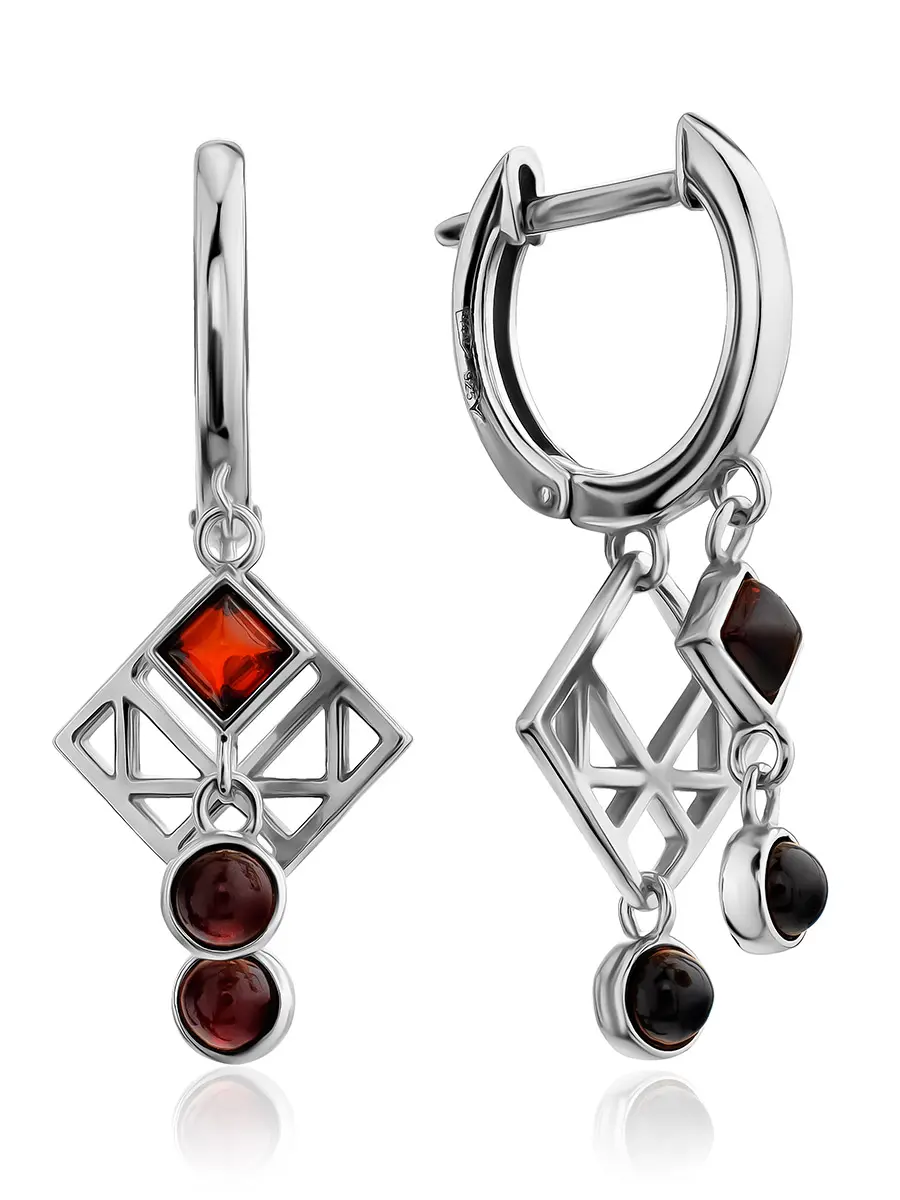картинка Эффектные серьги в геометрическом дизайне «Бобелина» из серебра и вишнёвого янтаря в онлайн магазине