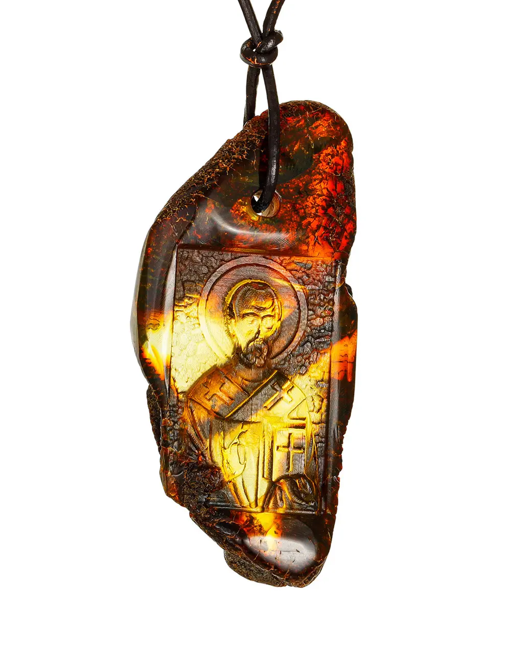 картинка Подвеска из натурального текстурного янтаря с резьбой «Николай Чудотворец» в онлайн магазине
