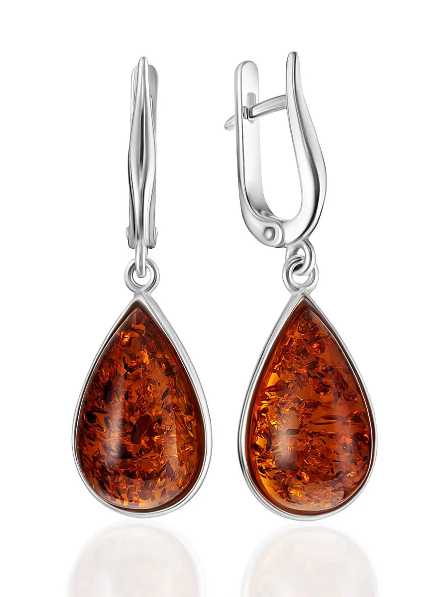картинка Изящные серебряные серьги со сверкающим коньячным янтарем «Импульс» в онлайн магазине