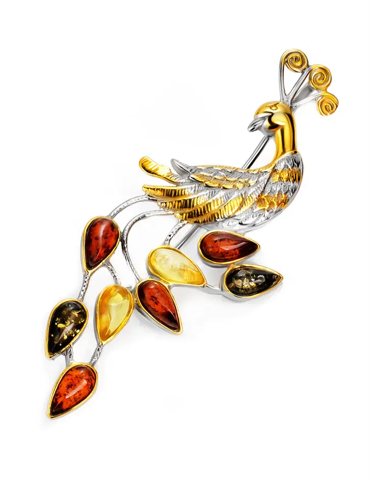 картинка Красивая брошь с натуральным янтарём трёх цветов «Павлин» в онлайн магазине