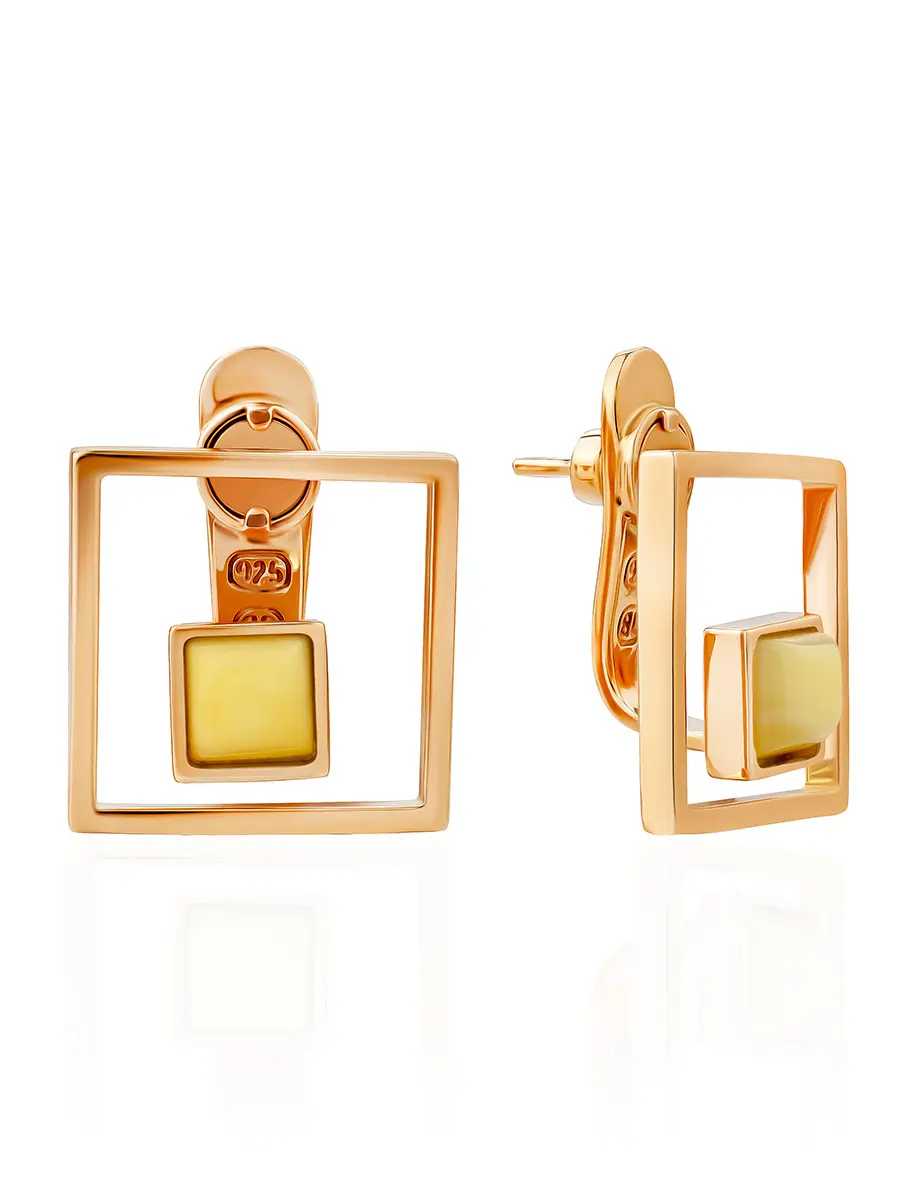 картинка Серьги-гвоздики геометрической формы с медовым янтарём «Гравитация» в онлайн магазине