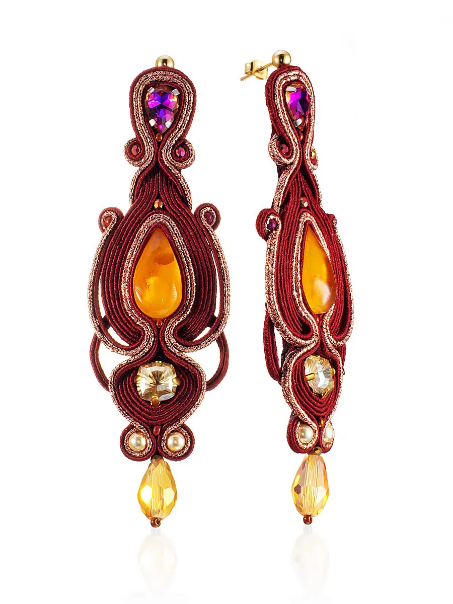 картинка Красивые серьги с замком-гвоздиком, украшенные янтарём и кристаллами «Индия» в онлайн магазине