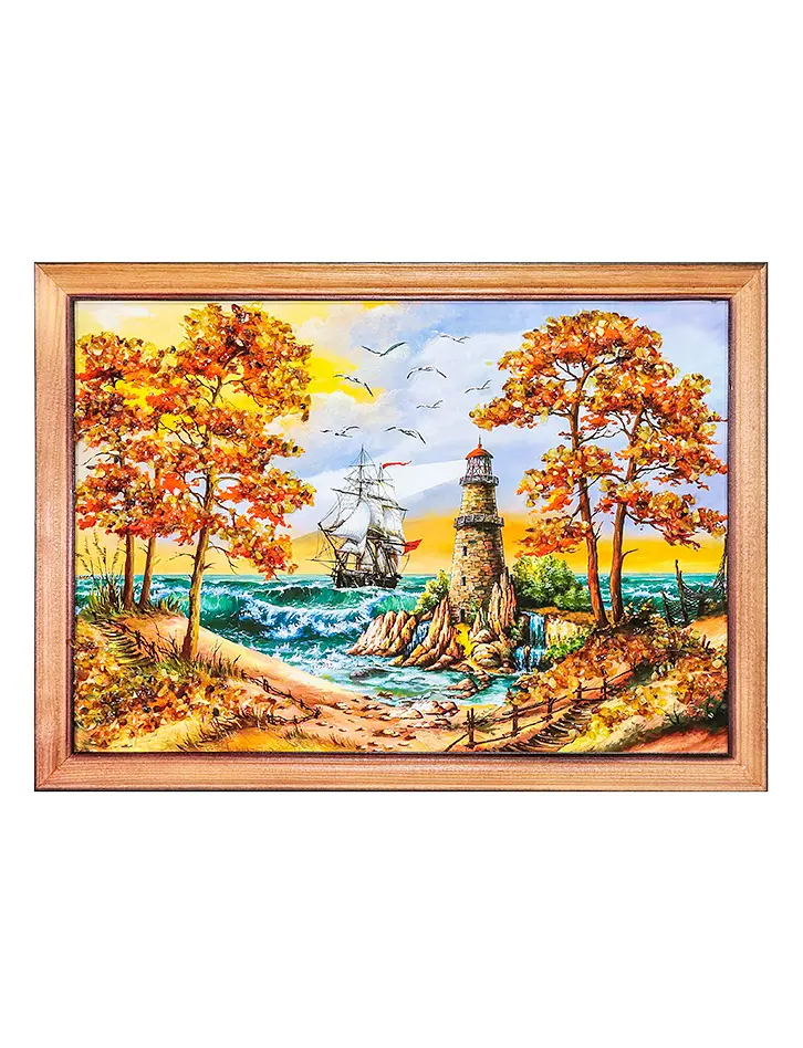 картинка «Маяк на острове». Картина горизонтального формата, украшенная янтарем 23 см (В) х 33 см (Ш) в онлайн магазине