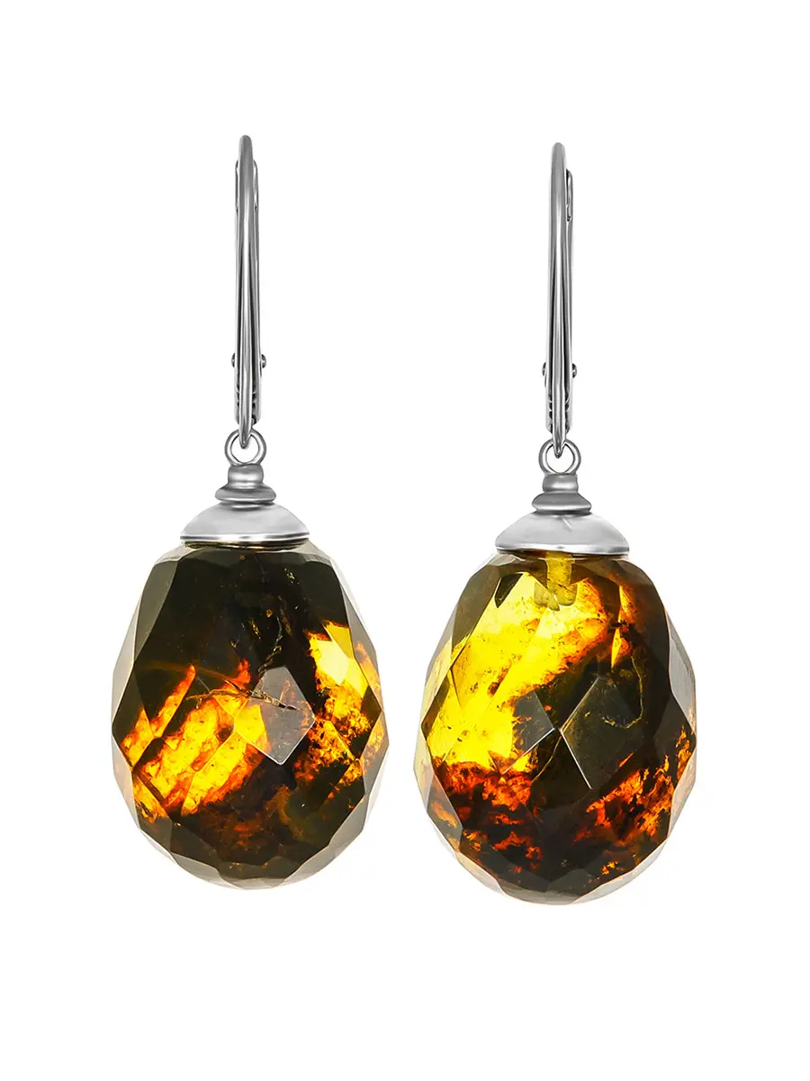 картинка Серьги-капли из натурального формованного янтаря с пёстрой текстурой на серебряной застёжке «Алмазная грань» в онлайн магазине