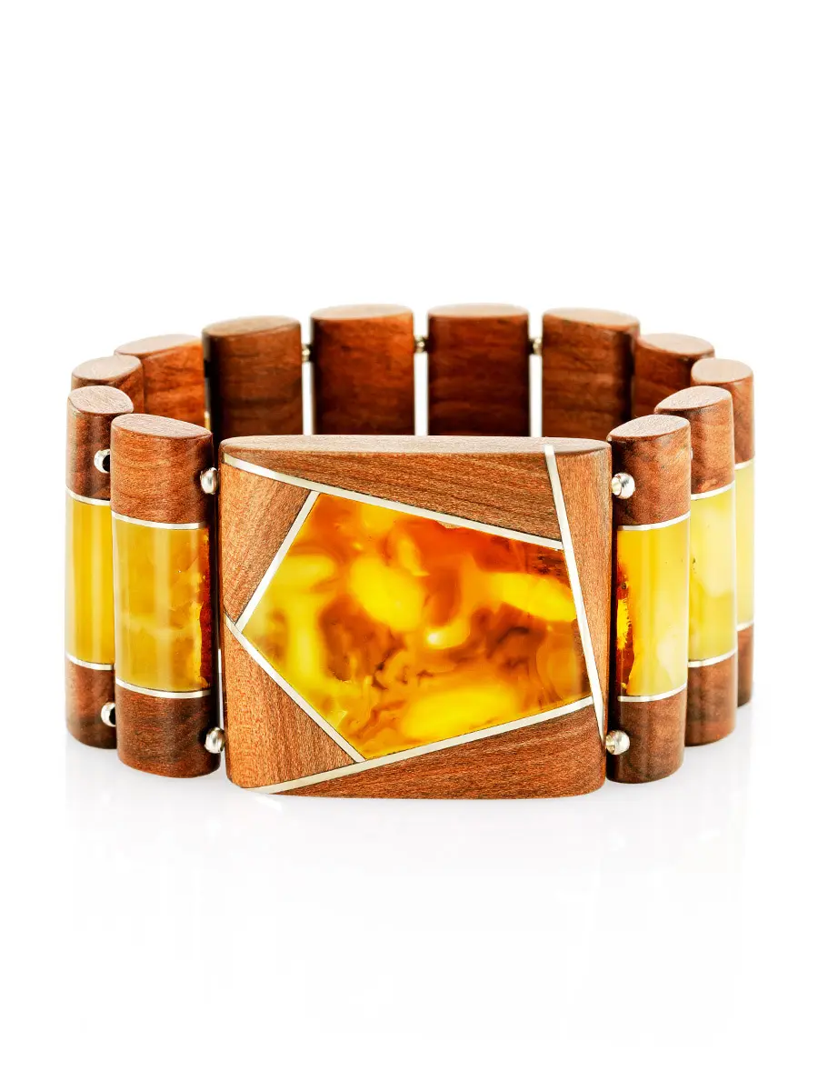 картинка Стильный браслет из дерева и натурального янтаря «Индонезия» в онлайн магазине