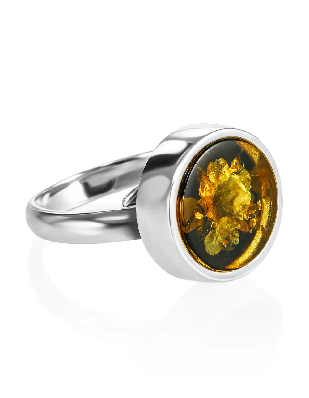 картинка Кольцо с круглой вставкой из натурального янтаря зелёного цвета «Фурор» в онлайн магазине