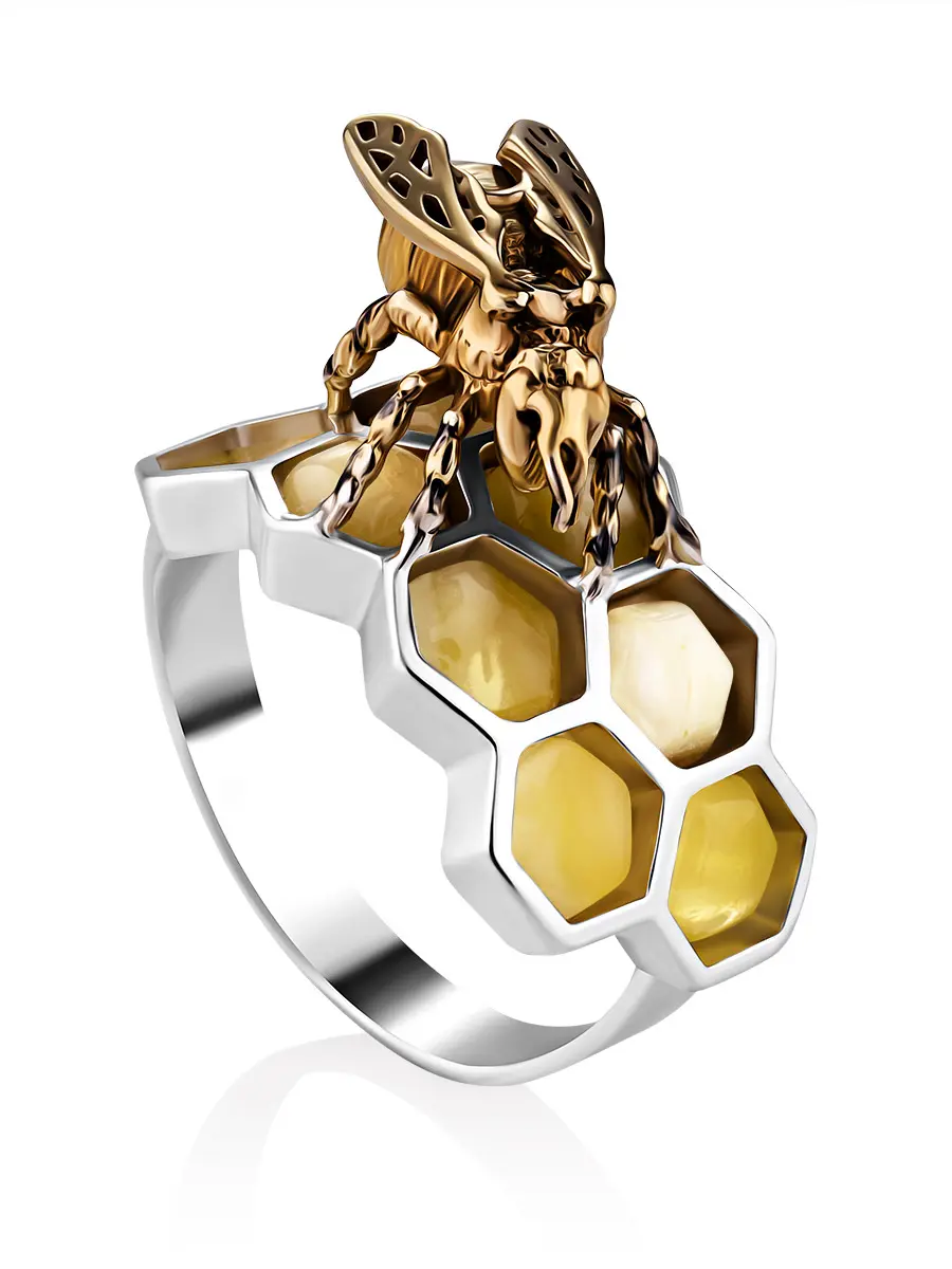 картинка Оригинальное кольцо со вставками из натурального янтаря «Винни Пух» в онлайн магазине