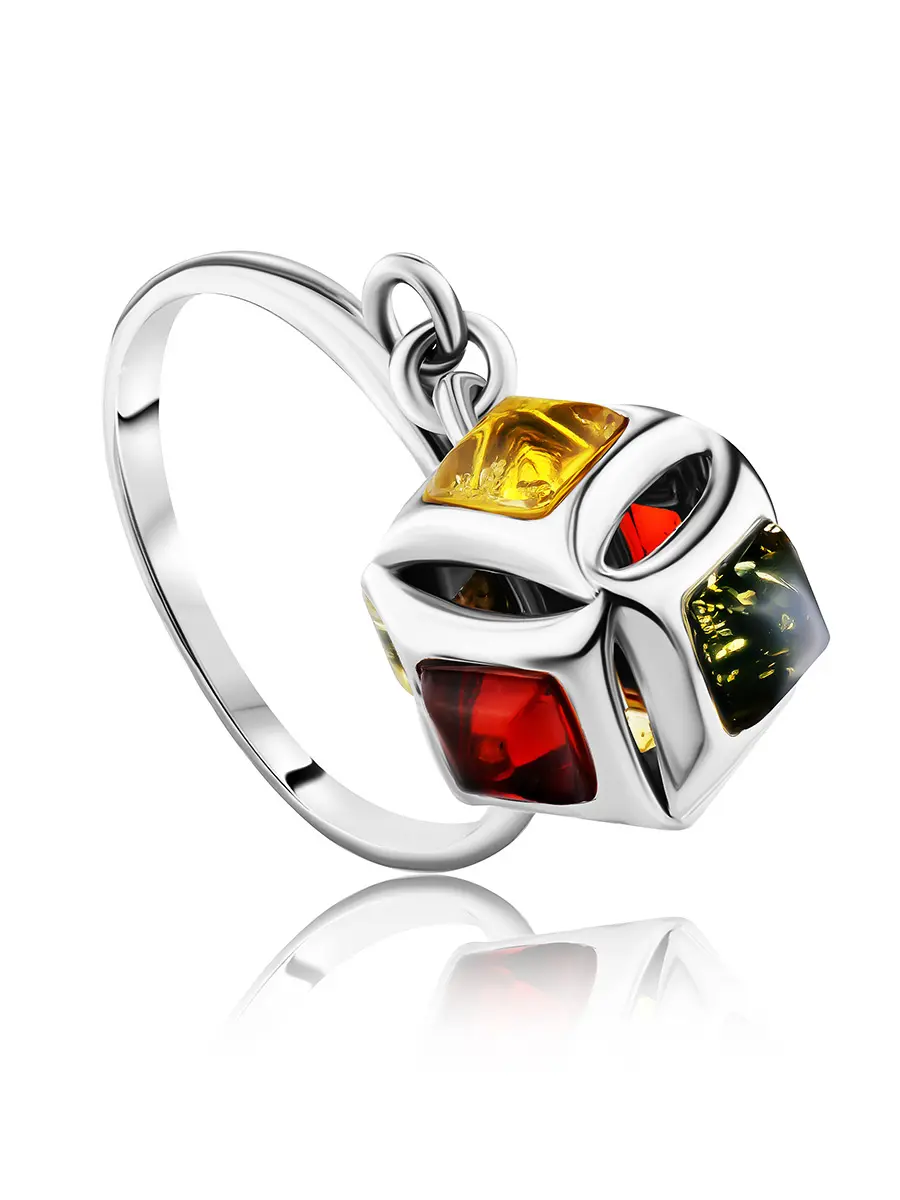 картинка Необычное кольцо с подвеской из серебра и янтаря «Вернисаж» в онлайн магазине