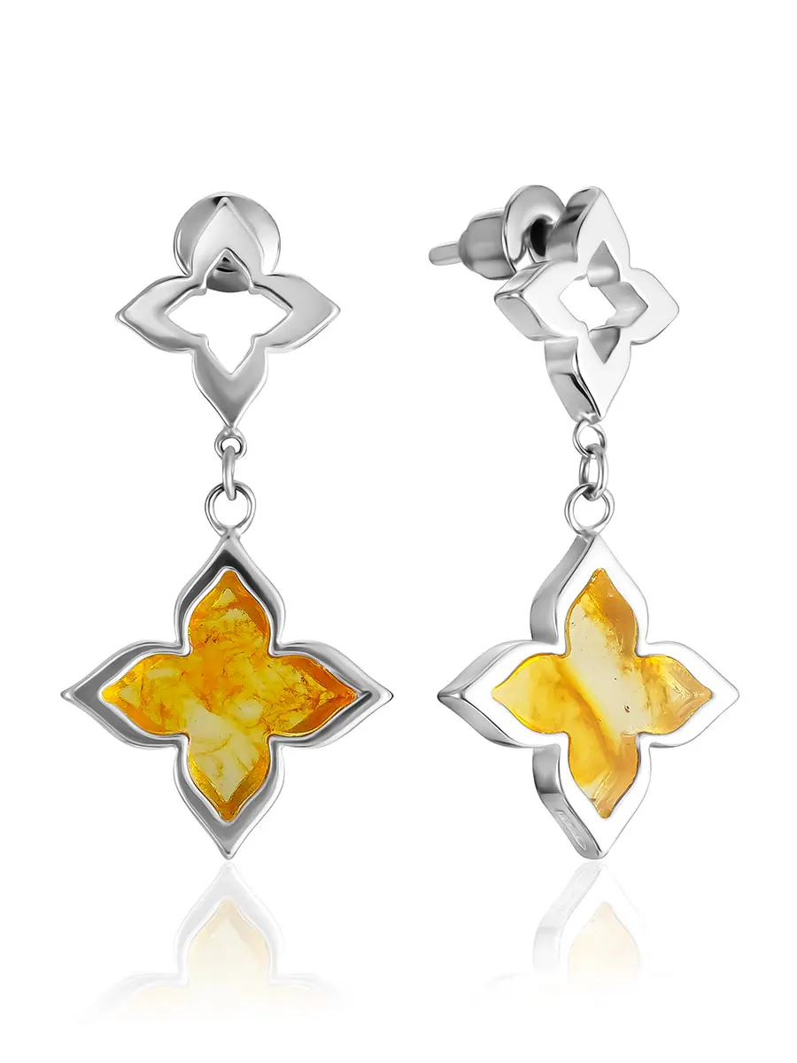 картинка Изысканные серьги-гвоздики «Монако» с лимонным янтарём в онлайн магазине