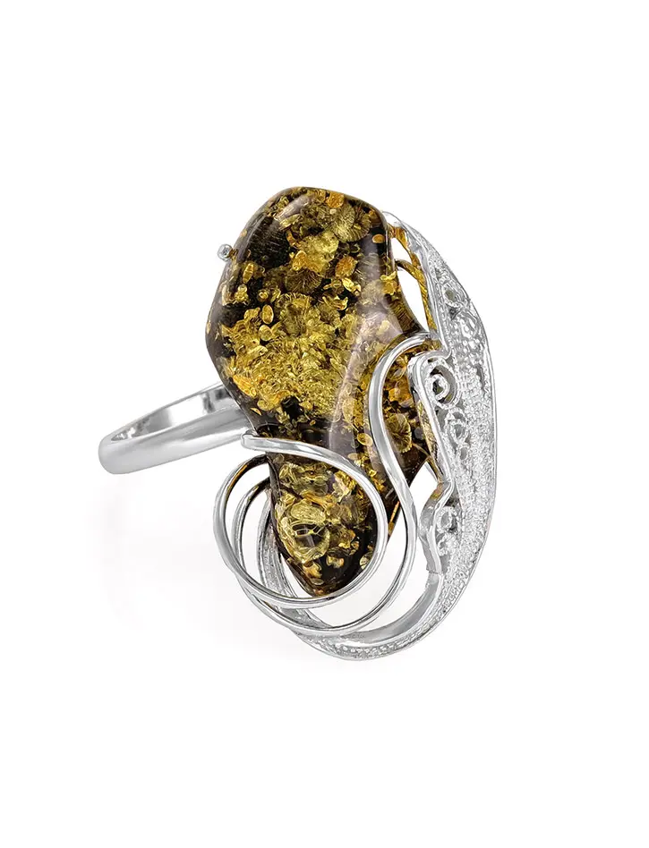 картинка Роскошное крупное серебряное кольцо с натуральным зеленым искрящимся янтарем «Крылышко» в онлайн магазине