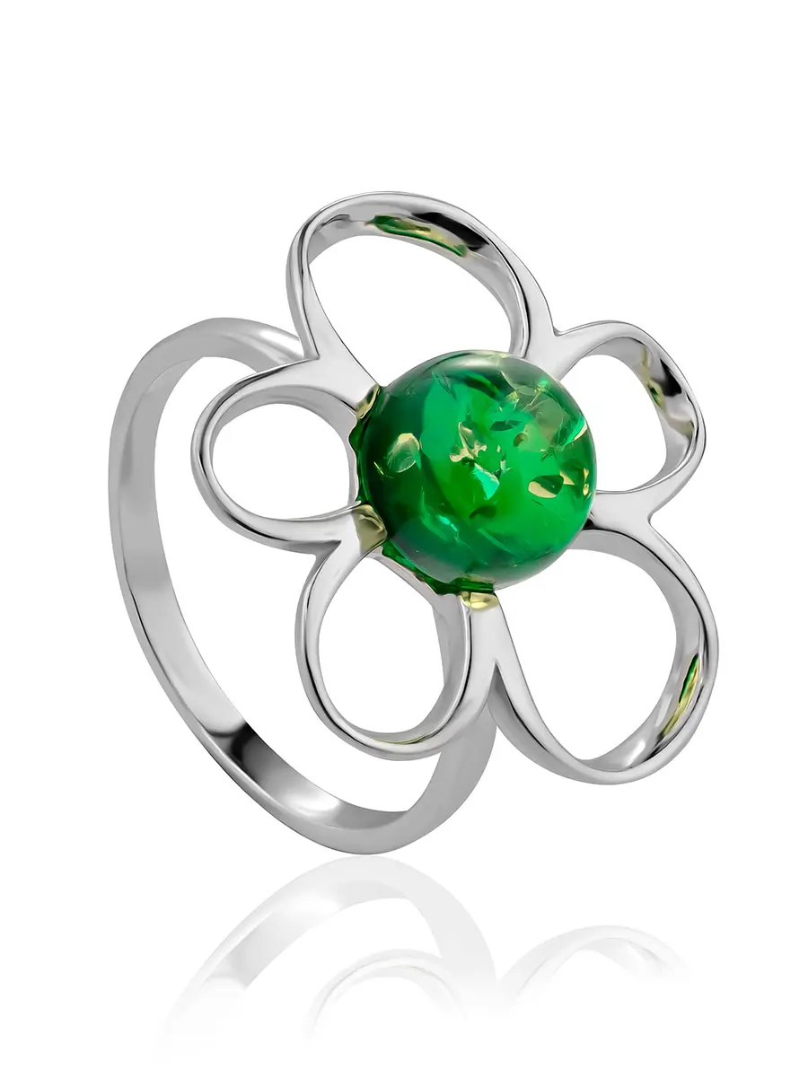 картинка Оригинальное кольцо из натурального янтаря изумрудного оттенка «Ромашка» в онлайн магазине