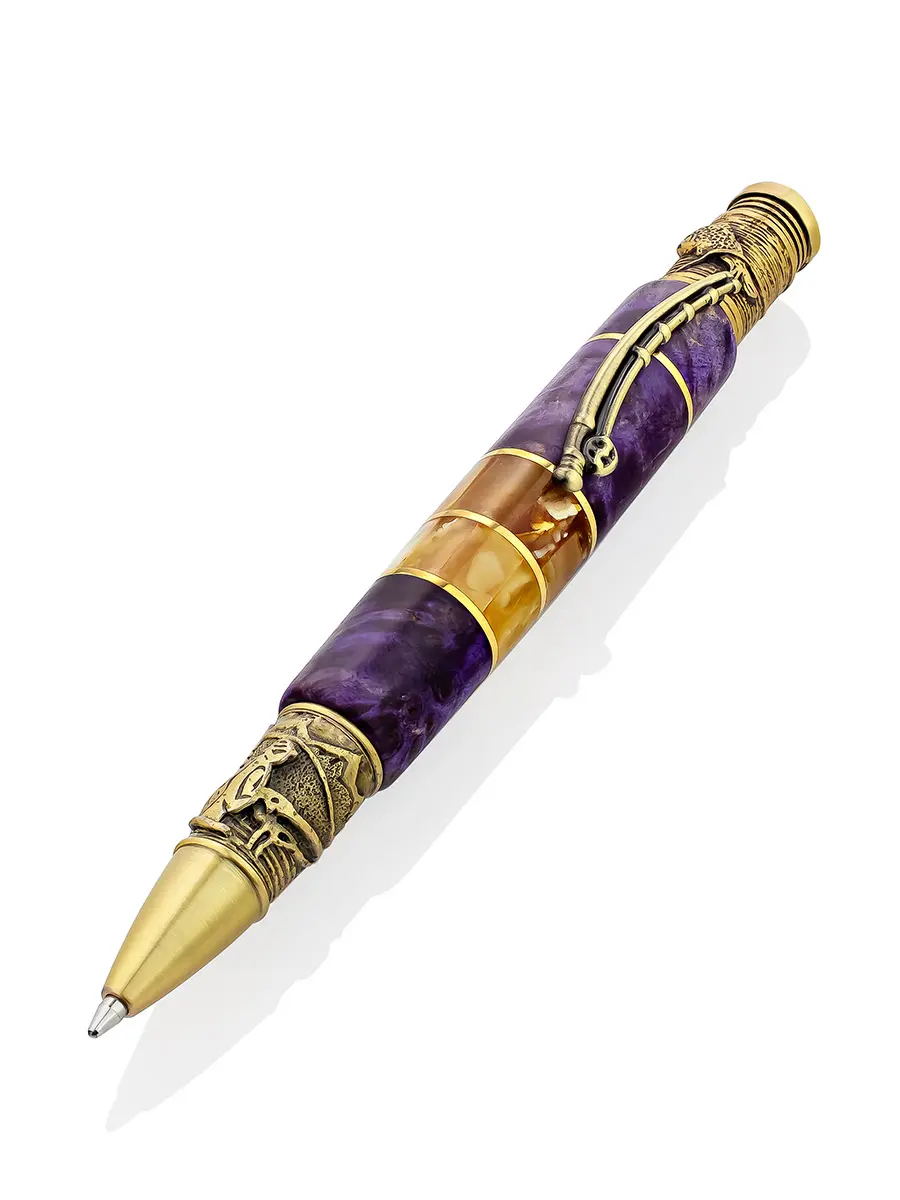 картинка Яркая и необычная ручка из древесины и натурального янтаря «Рыболов» в онлайн магазине