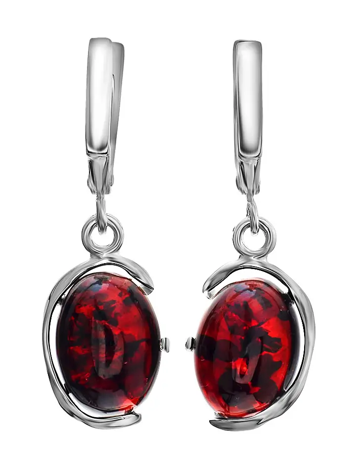 картинка Изящные серьги из натурального янтаря тёмно-вишнёвого цвета в серебре «Вивальди» в онлайн магазине