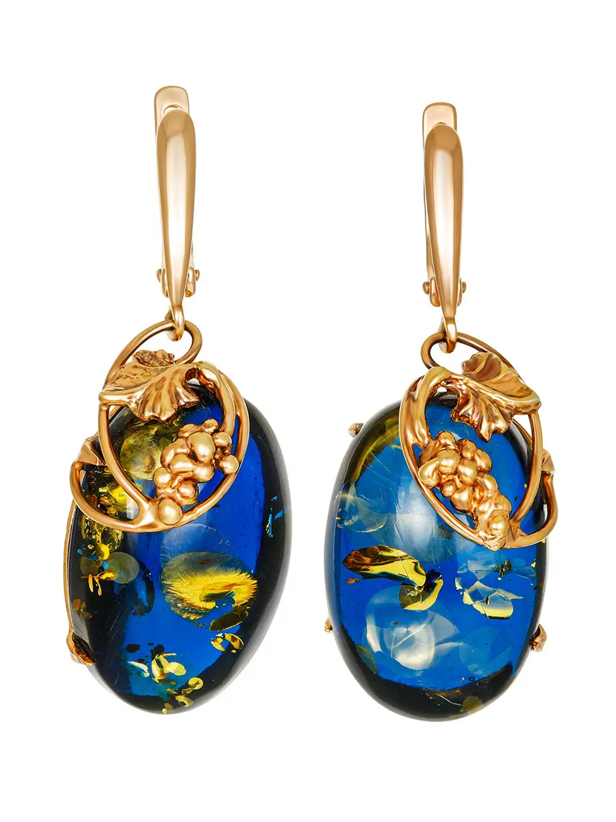 картинка Эффектные серьги «Версаль» из синего янтаря в оправе с позолотой в онлайн магазине