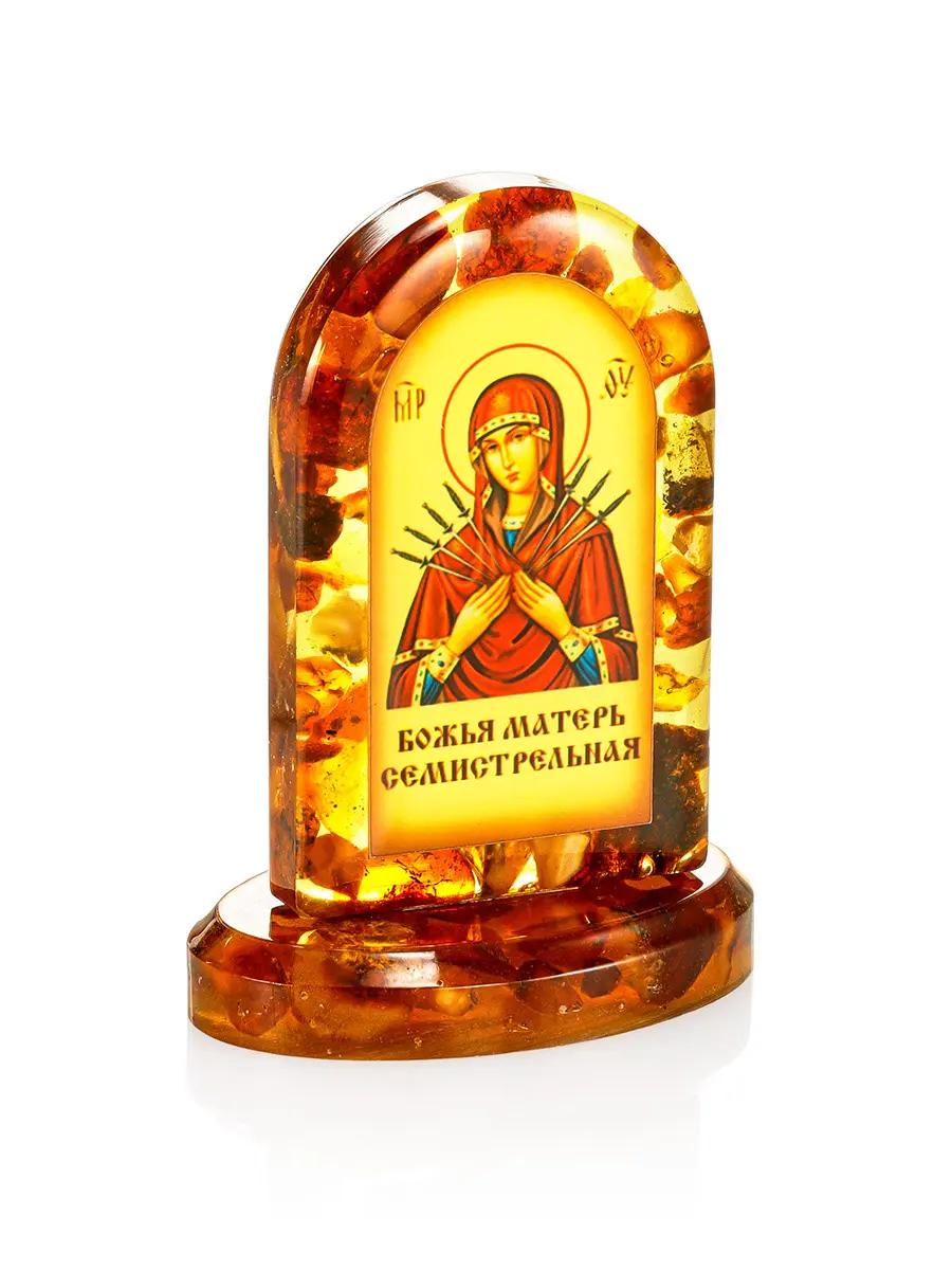 картинка Икона Богоматери «Семистрельная» в литой оправе с янтарём в онлайн магазине