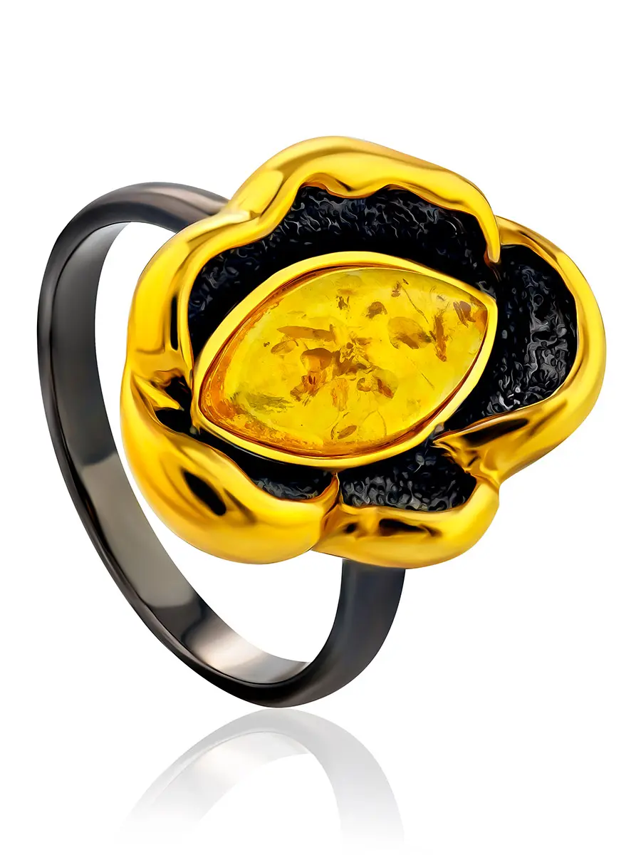 картинка Эффектное яркое кольцо из чернёного серебра и янтаря «Протея» в онлайн магазине