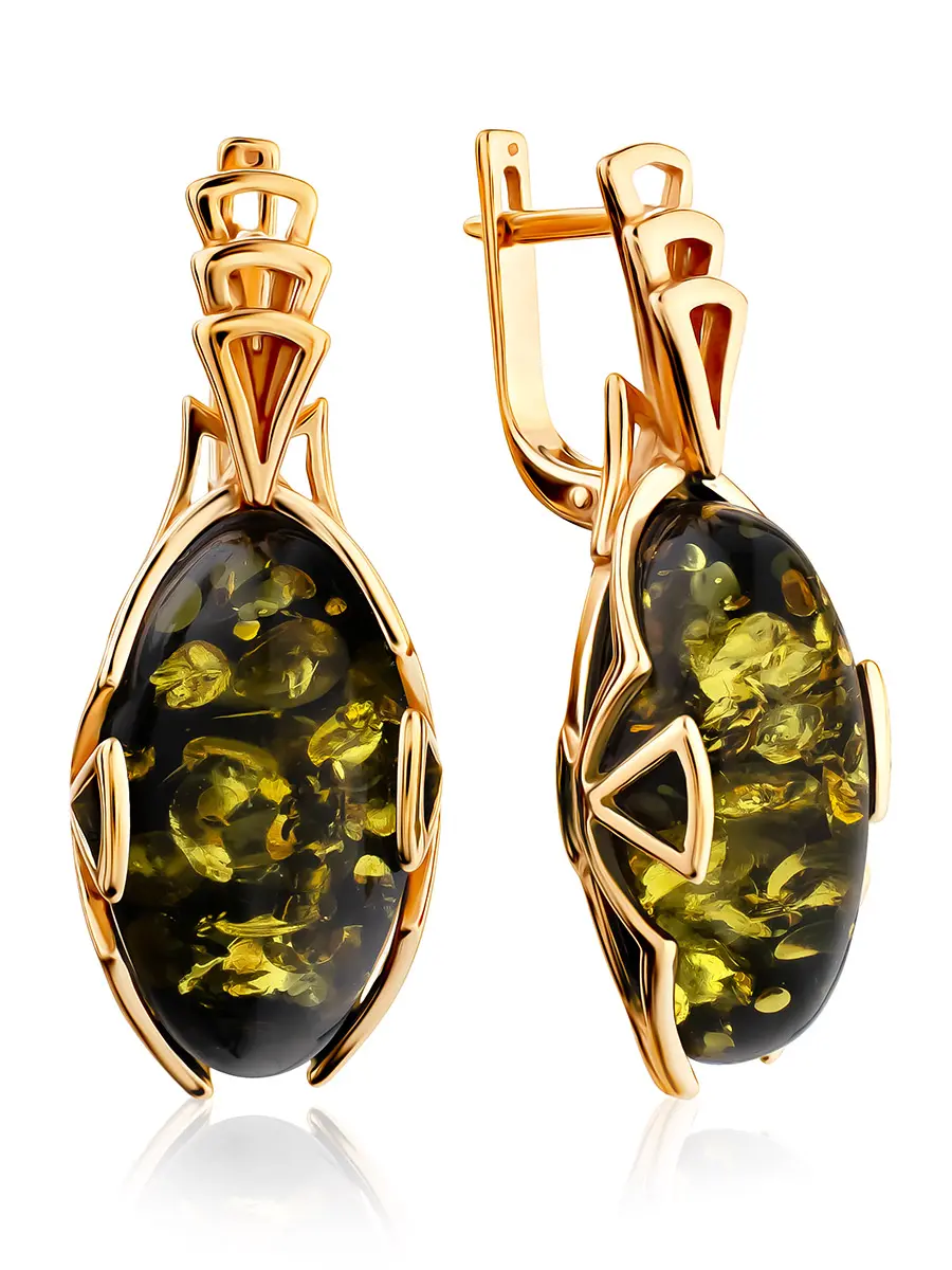 картинка Золотые серьги, украшенные натуральным янтарём зелёного цвета «Рандеву» в онлайн магазине