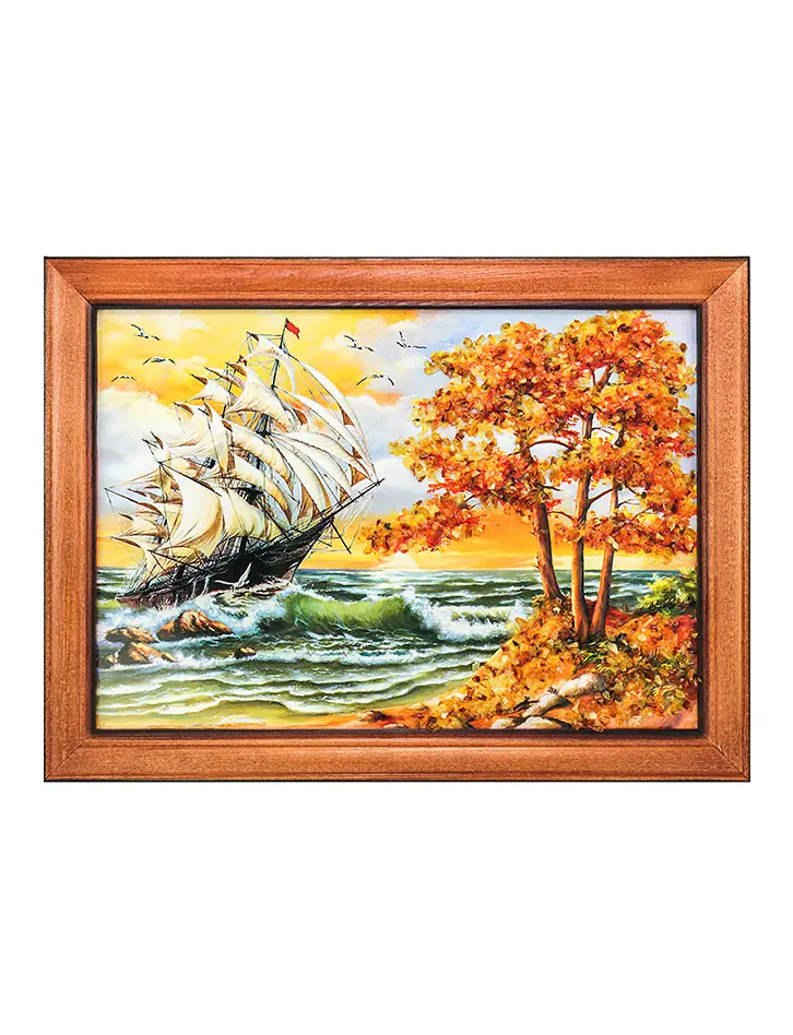 картинка Эффектный морской пейзаж, украшенный натуральным янтарём «Странник» 17 (В) х 24 (Ш) в онлайн магазине
