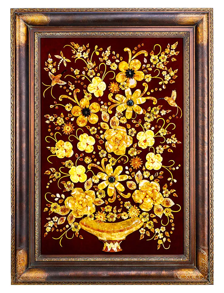 картинка Роскошная картина из натурального янтаря на бархате «Летний букет» в онлайн магазине