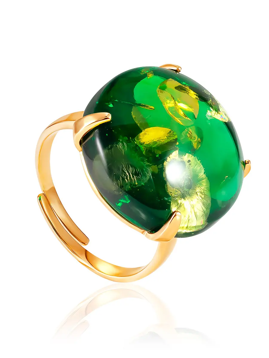 картинка Крупное яркое кольцо с янтарём изумрудного цвета «Сорбонна» в онлайн магазине