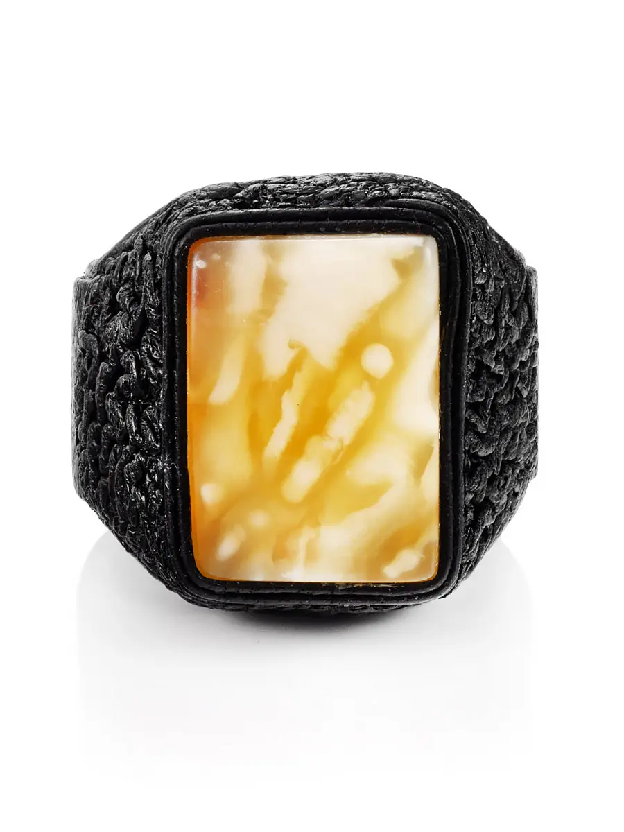 картинка Кольцо из натуральной кожи с крупным медовым янтарём «Нефертити» в онлайн магазине