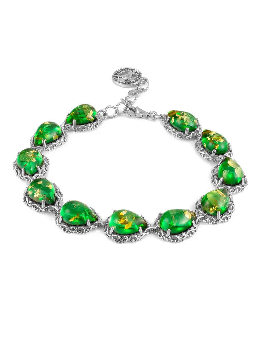 картинка Красивый браслет «Луксор» с ярким изумрудным янтарём в онлайн магазине