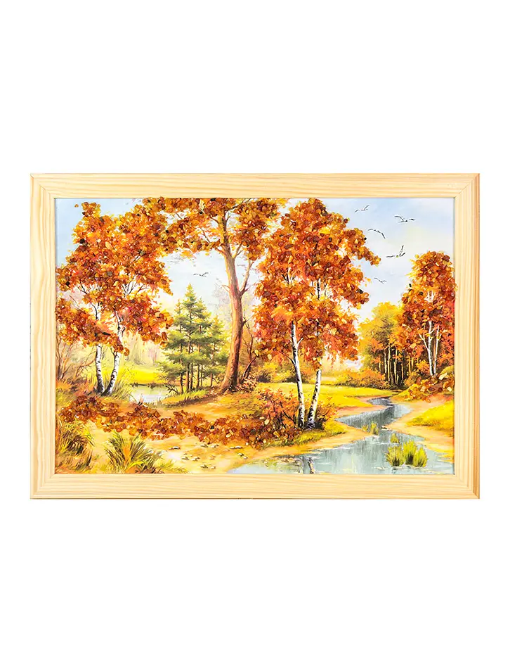 картинка Картина с лесным пейзажем, украшенная натуральным янтарём «Лесная речка» в онлайн магазине