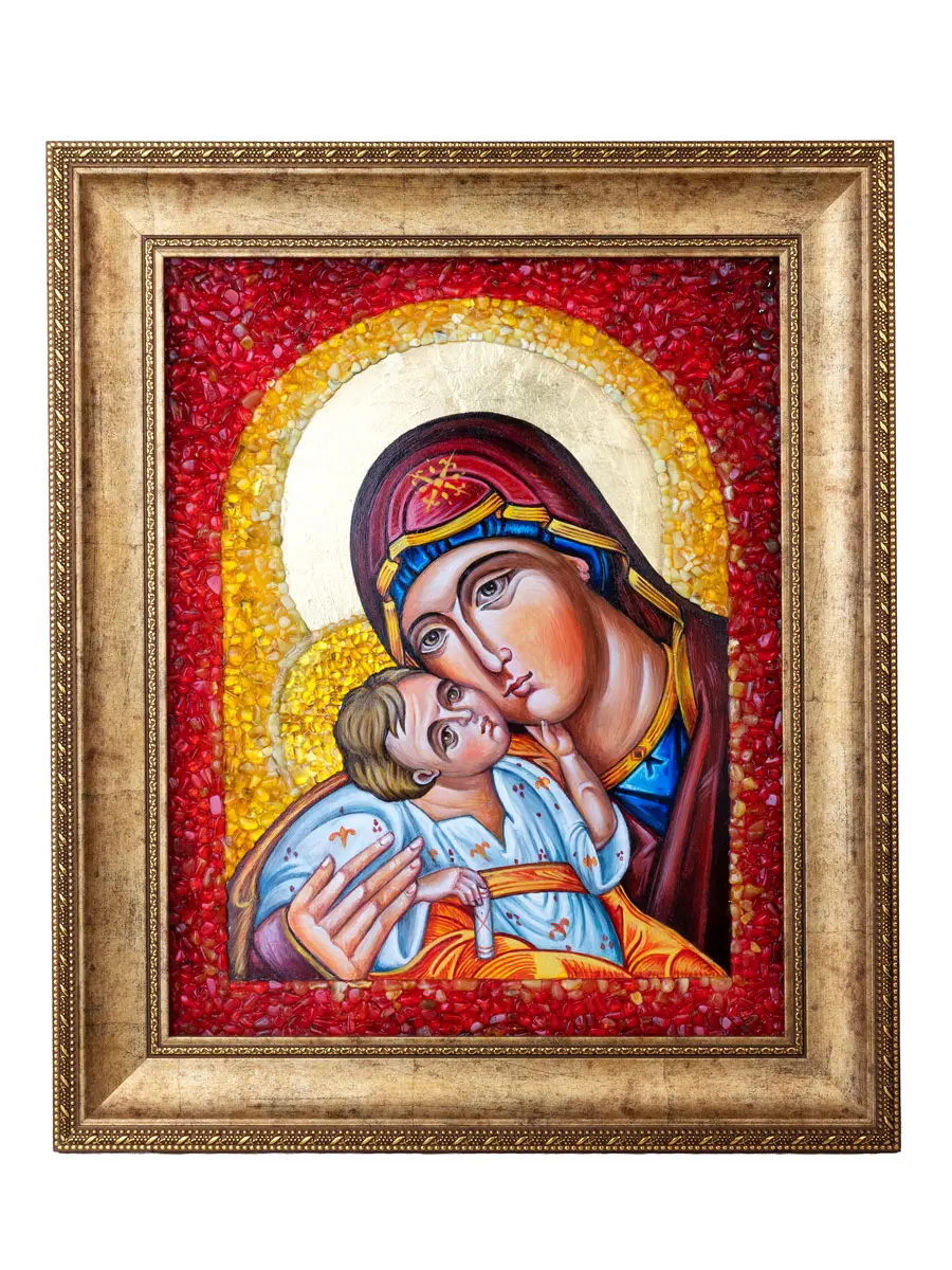 картинка Живописная икона «Елеуса», украшенная натуральным янтарём в онлайн магазине