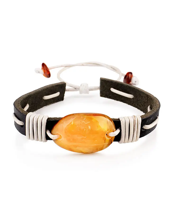картинка Стильный браслет из кожи, украшенный натуральным янтарём «Копакабана» в онлайн магазине