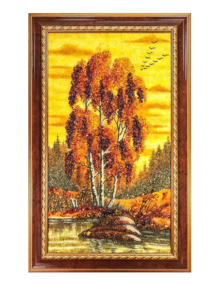 картинка Великолепное янтарное панно «Берёза на берегу пруда» 68 см (В) х 52 см (Ш) в онлайн магазине