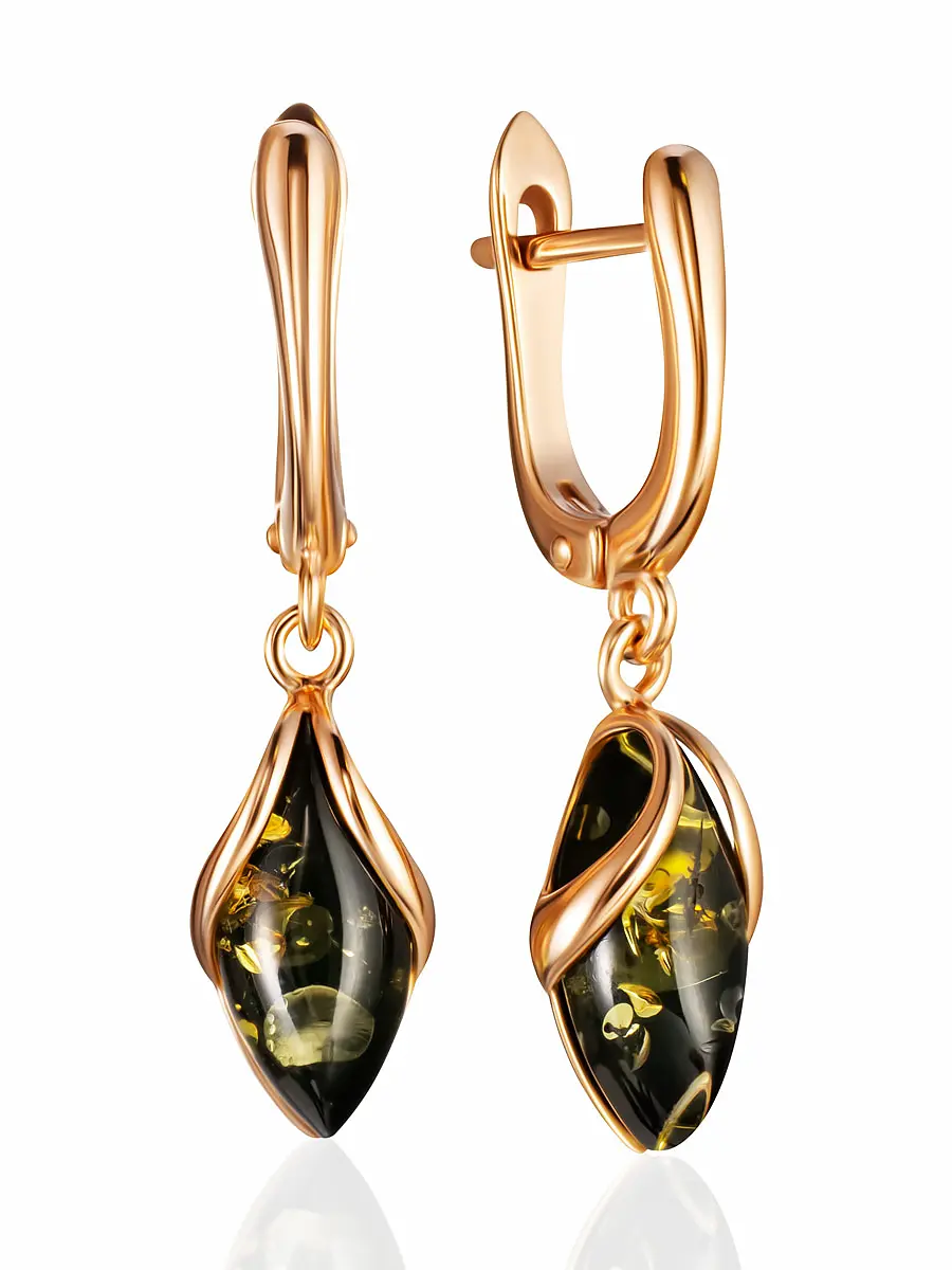 картинка Нежные серьги «Подснежник» с искрящимся янтарём зелёного цвета в онлайн магазине