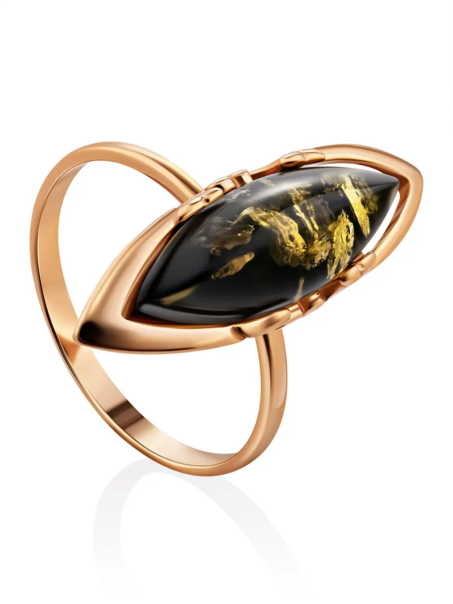 картинка Изысканное кольцо из золота с натуральным зелёным янтарём «Годива» в онлайн магазине