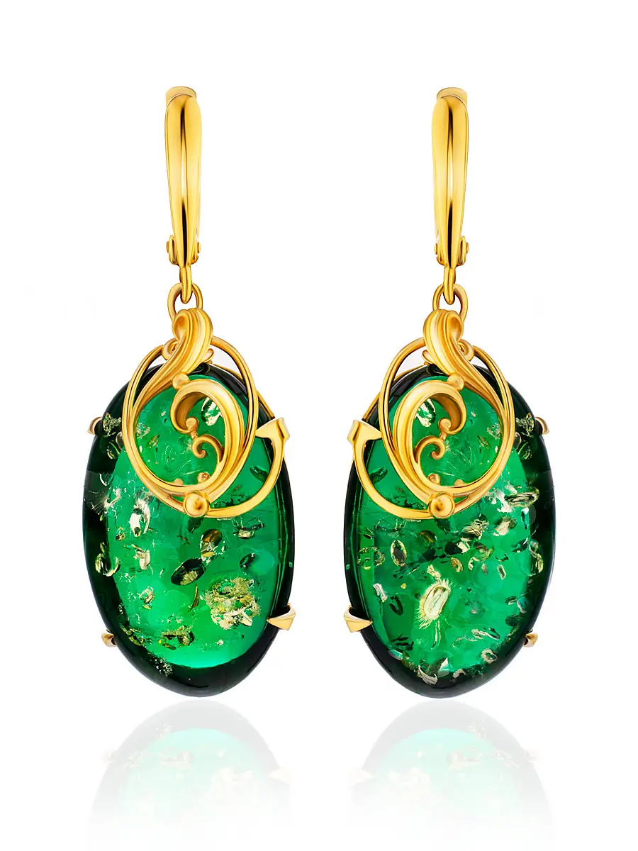 картинка Эффектные серьги «Версаль» с ярко-зелёным янтарём в серебре с позолотой в онлайн магазине