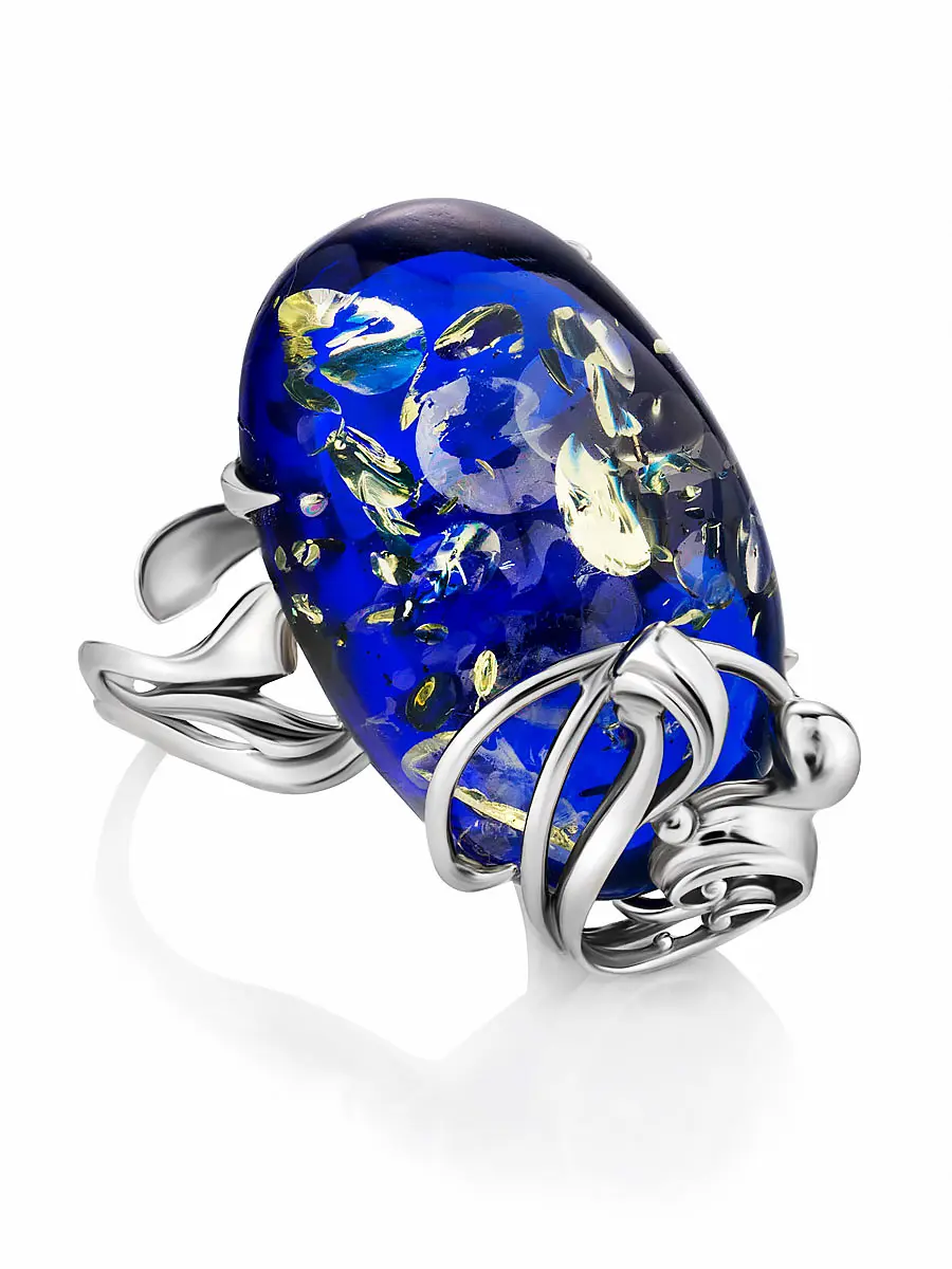 картинка Кольцо из серебра и янтаря необычного синего оттенка в онлайн магазине